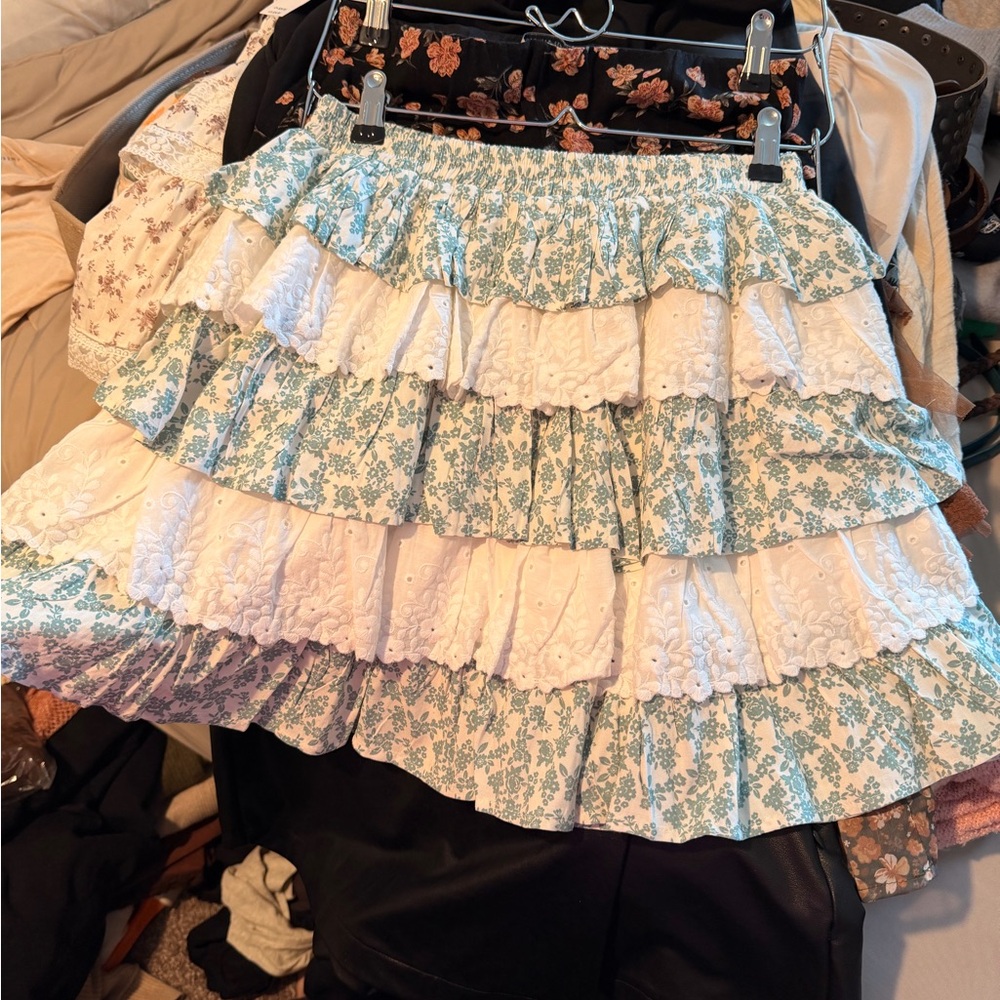 Three Bird Nest Blue Floral Tiered Eyelet Mini Skirt